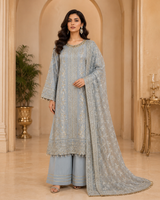 Silver grey icy blue embroidered Pakistani 3-piece suit in Canada.