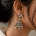 Silver Jhumka Earrings with Round Stone Stud and Ball Drops