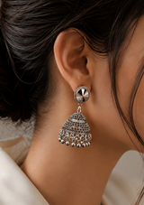 Silver Jhumka Earrings with Round Stone Stud and Ball Drops