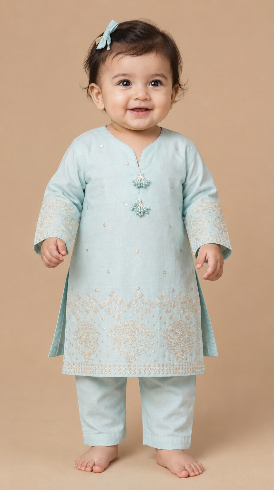 Premium sky blue embroidered lawn suit for baby girls by Baby Choice with matching trousers and elegant festive detailing in Canada