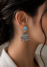 Sky Blue Stone Silver Jhumka Earrings – Traditional Pakistani Jewelry