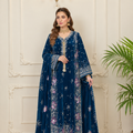 Blue Embroidered Velvet Kaftan 3 Piece Suit