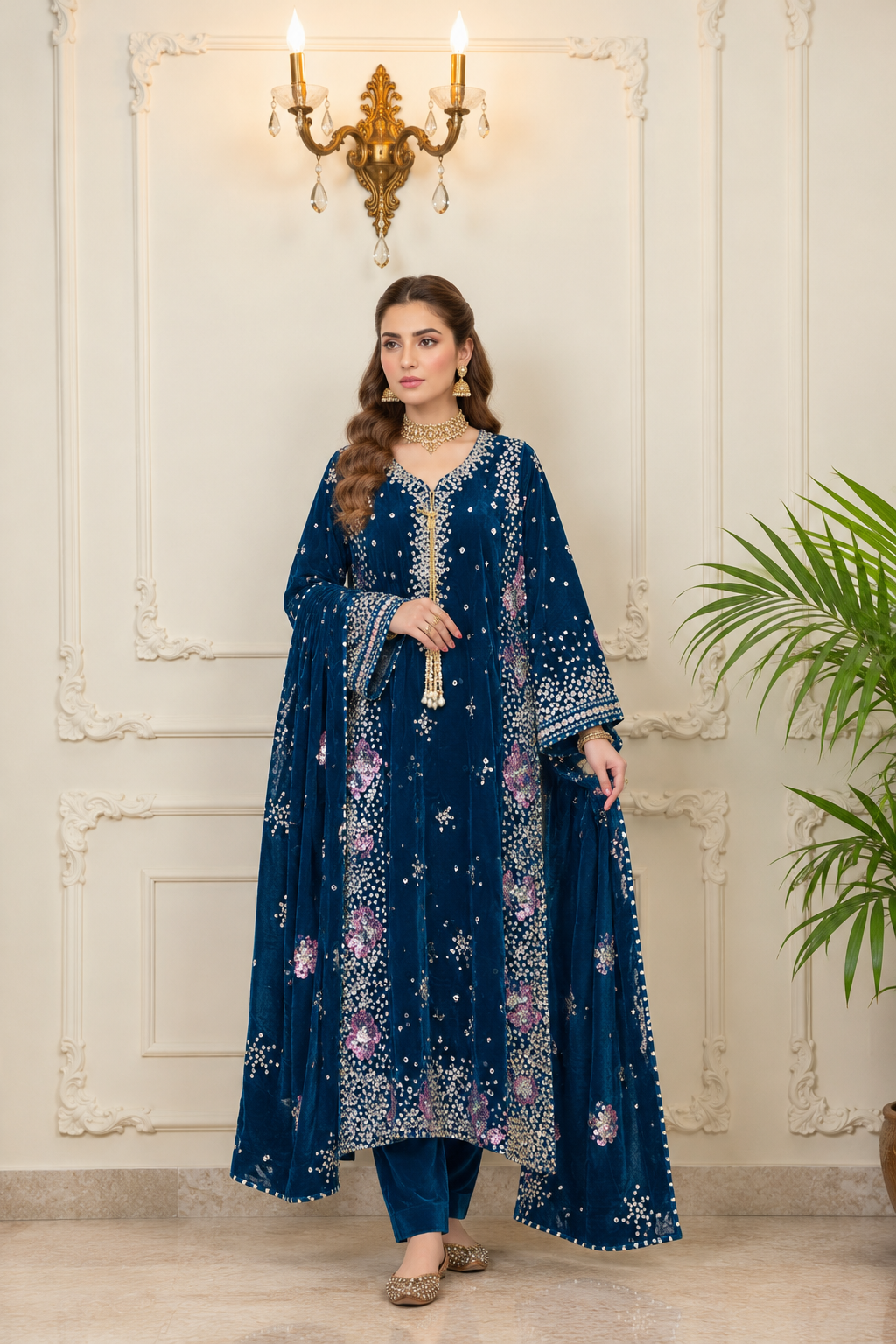 Blue Embroidered Velvet Kaftan 3 Piece Suit