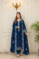 Blue Embroidered Velvet Kaftan 3 Piece Suit