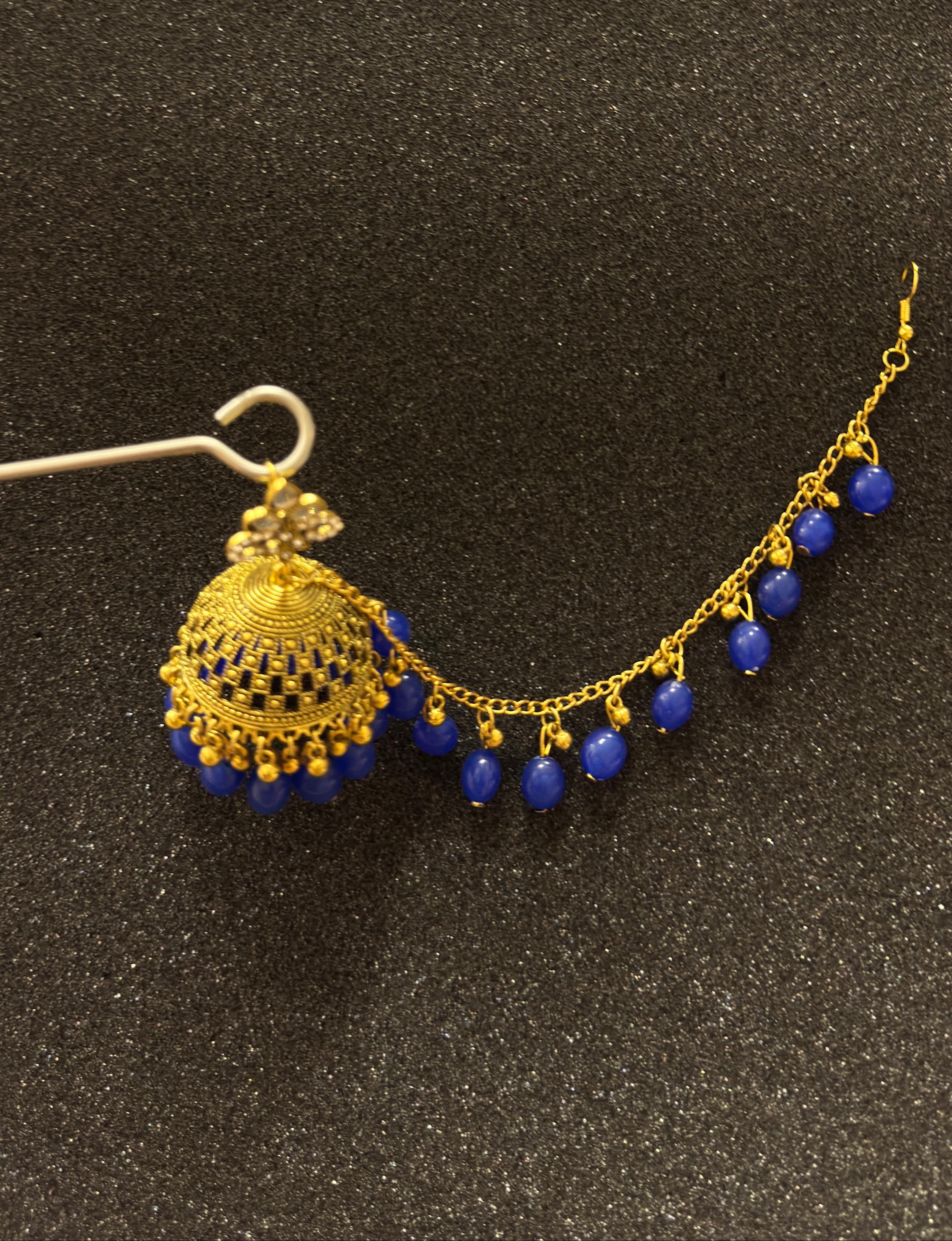 Traditional gold jhumka earrings with royal blue beads and matching sahara chain for bridal and festive wear in Canada