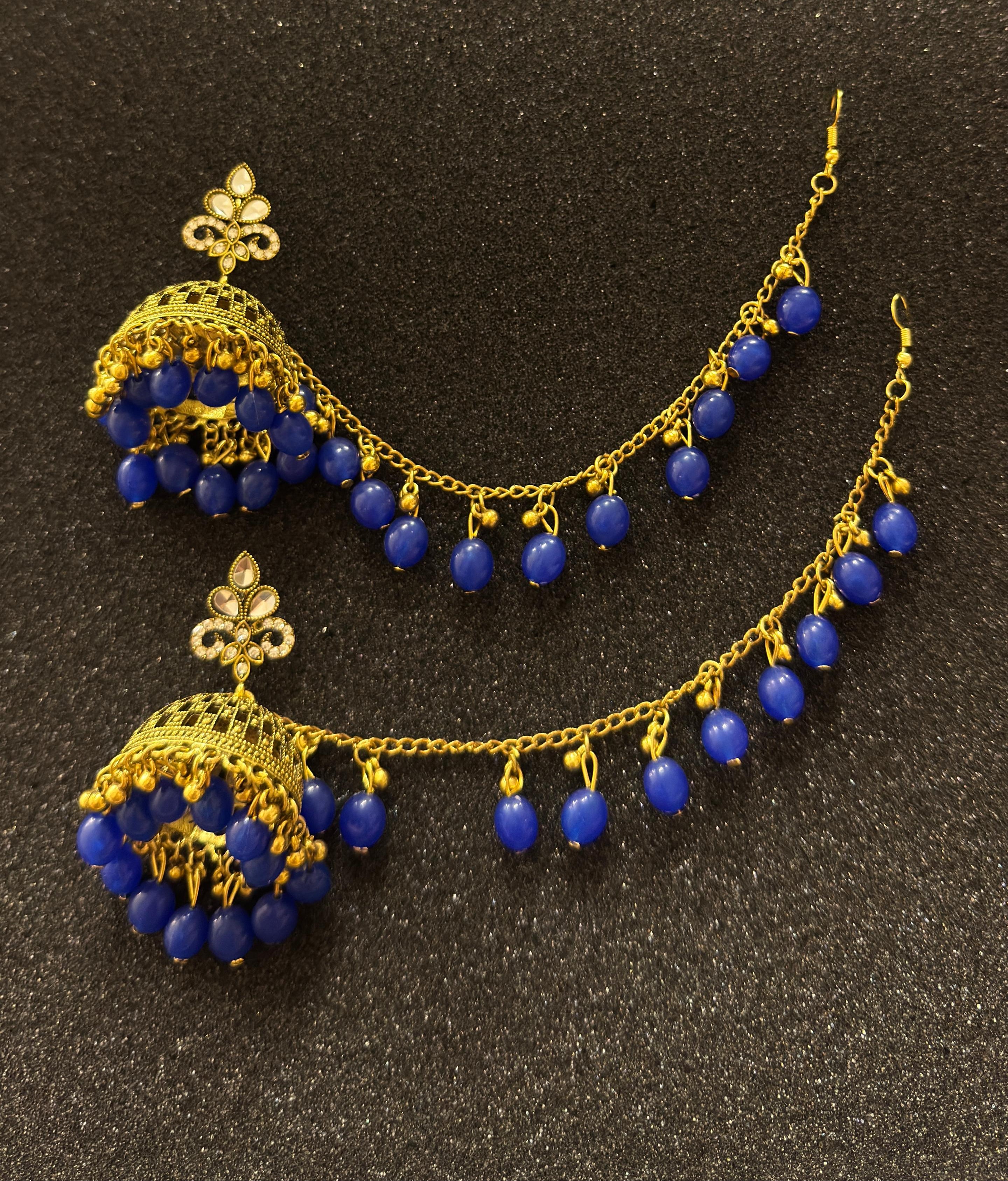 Traditional gold jhumka earrings with royal blue beads and matching sahara chain for bridal and festive wear in Canada