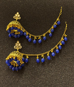 Traditional gold jhumka earrings with royal blue beads and matching sahara chain for bridal and festive wear in Canada