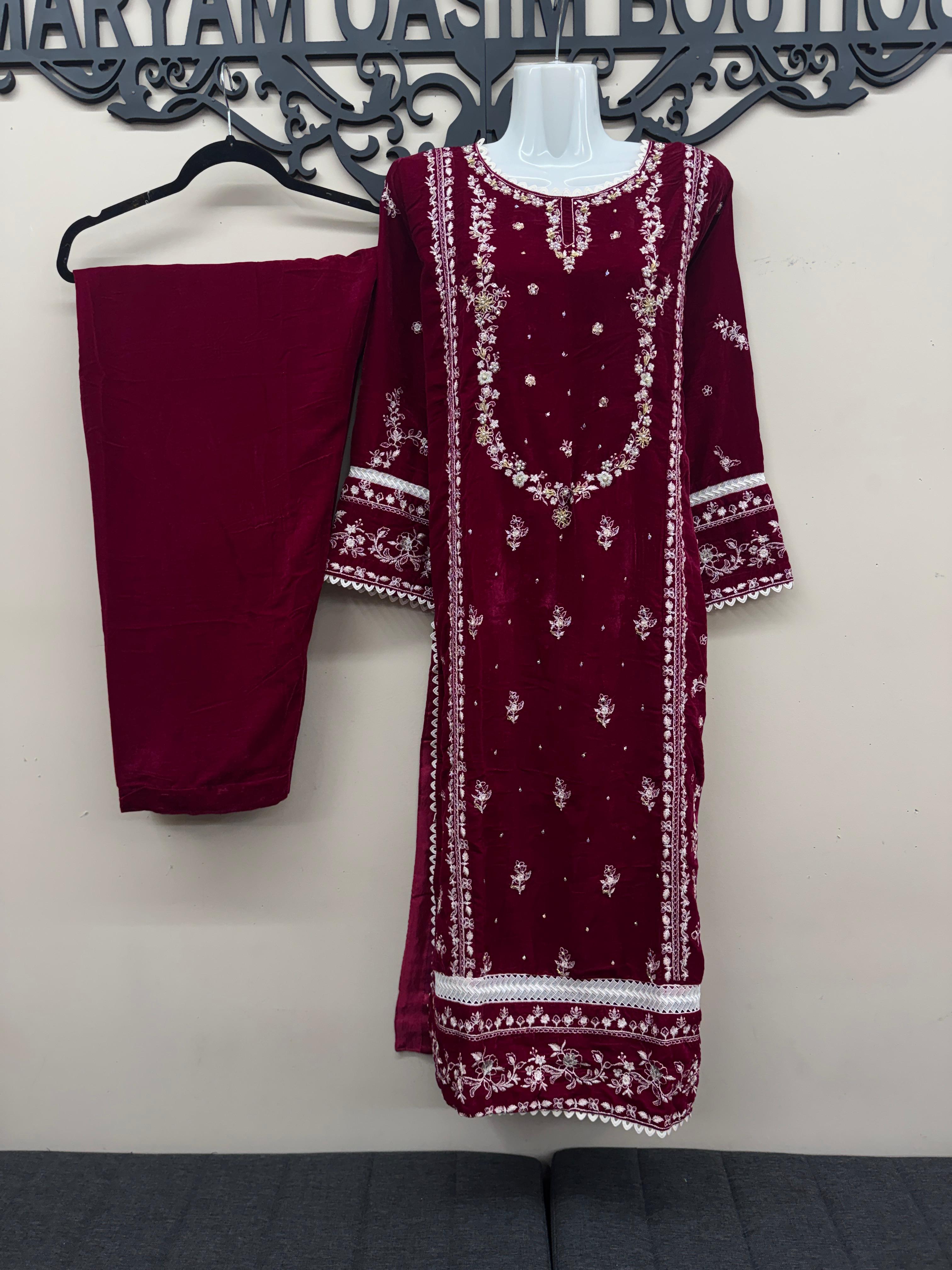 Maroon Micro Velvet 3-Piece Embroidered Formal Dress