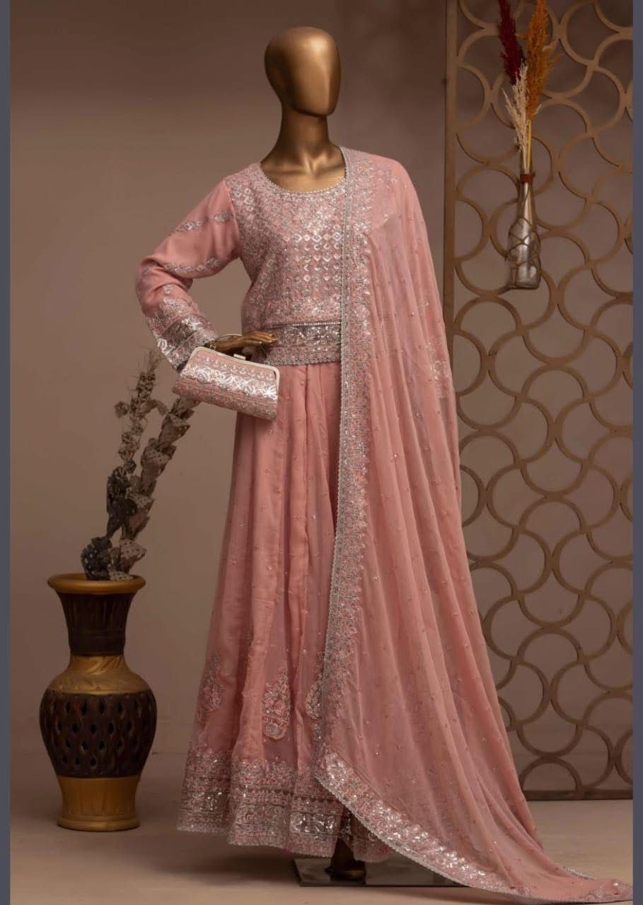 Erum Eman 4-Piece Chiffon Embroidered Lehenga Outfit – Elegant Party & Wedding Wear