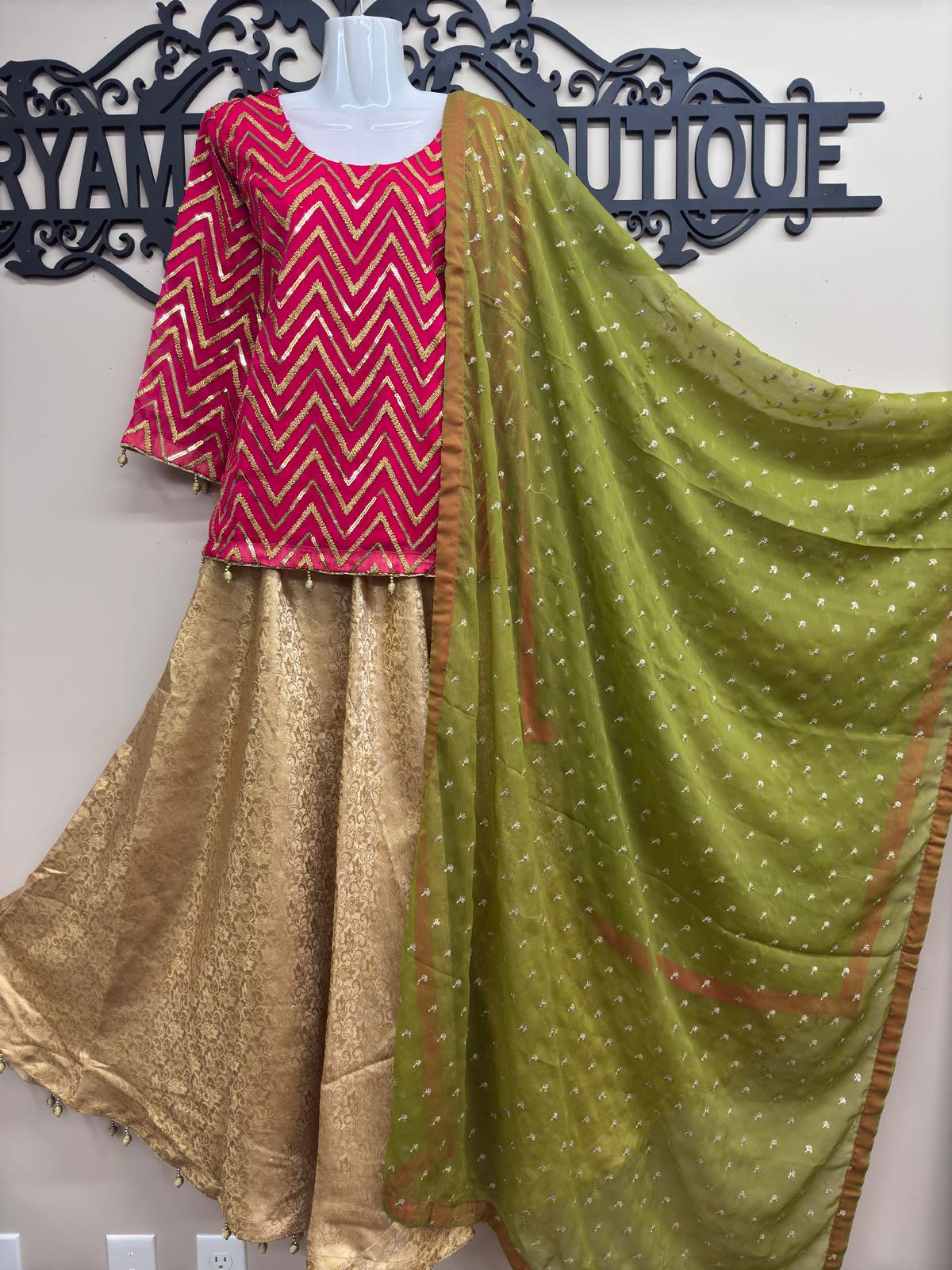 3-Piece Fully Embroidered Shirt & Dupatta with Jamawar Lehenga