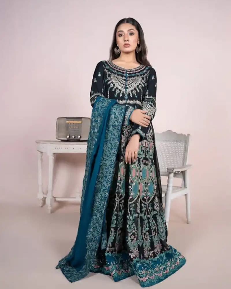 3-Piece Chiffon Fully Embroidered Maxi Suit with Dupatta & Trouser