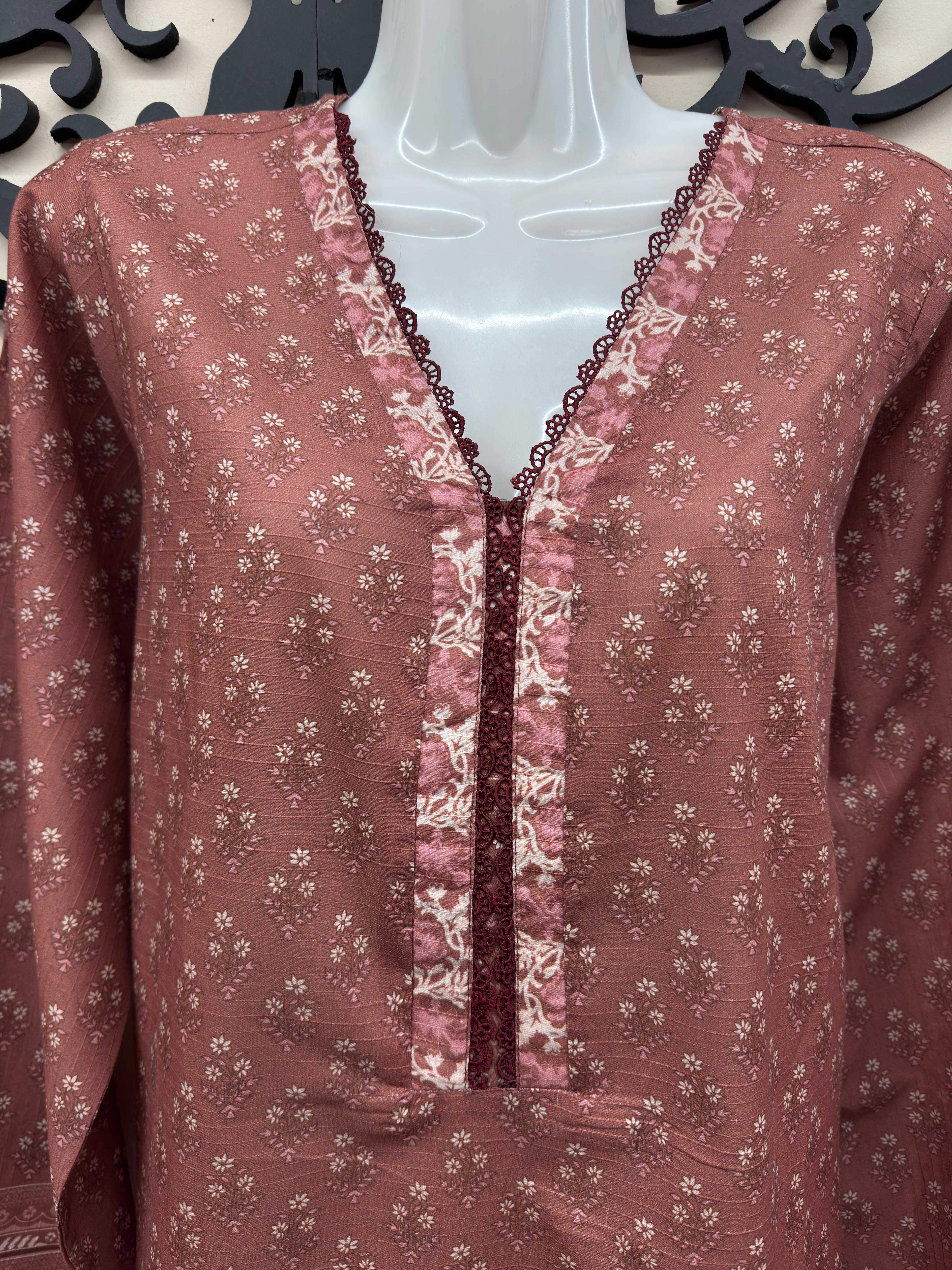 Women’s 2PC Lawn Printed Outfit  | Shirt & Trouser with Lace Details