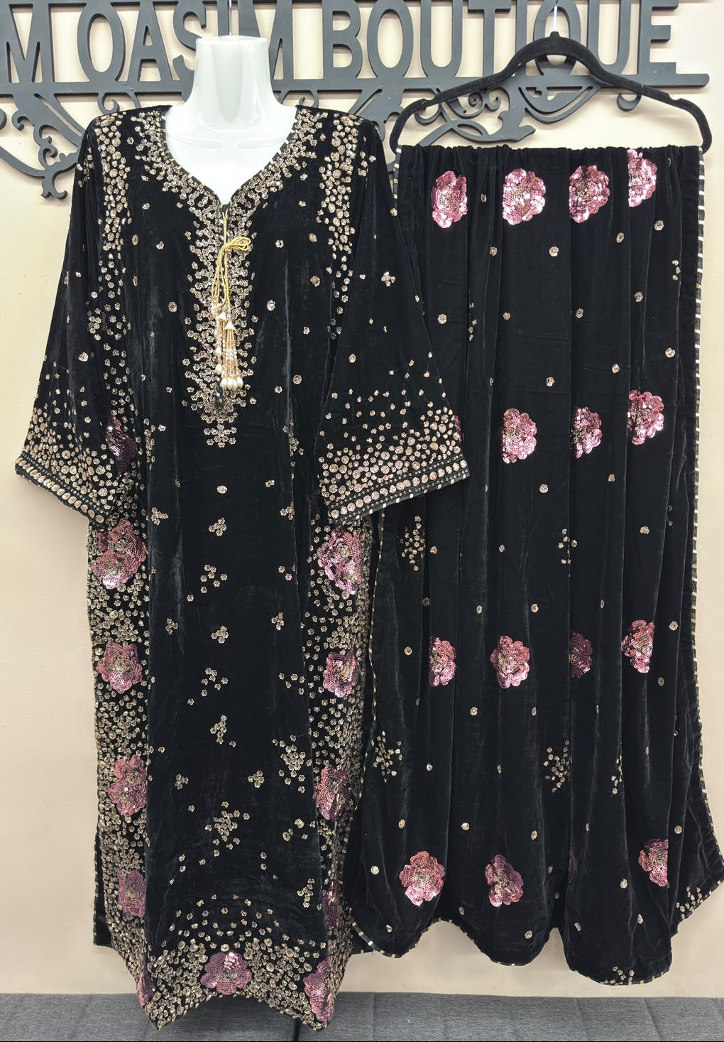 Black Embroidered Velvet Kaftan 3 Piece Suit