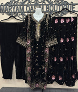Black Embroidered Velvet Kaftan 3 Piece Suit