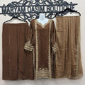 Brown Velvet Embroidered Shirt Palazzo Suit 3PC