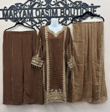 Brown Velvet Embroidered Shirt Palazzo Suit 3PC
