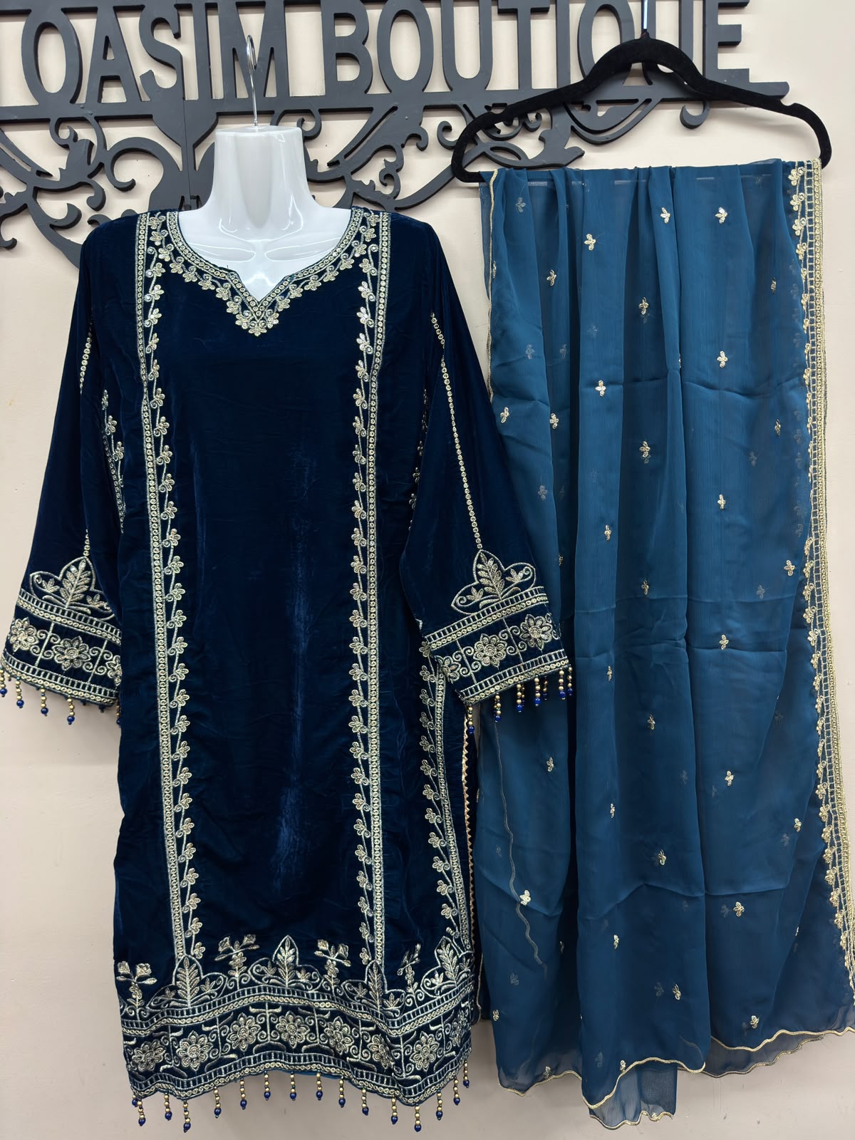 Blue Velvet Embroidered Shirt Palazzo Suit 3PC