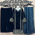 Blue Velvet Embroidered Shirt Palazzo Suit 3PC