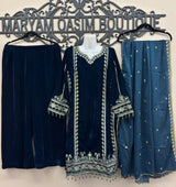 Blue Velvet Embroidered Shirt Palazzo Suit 3PC