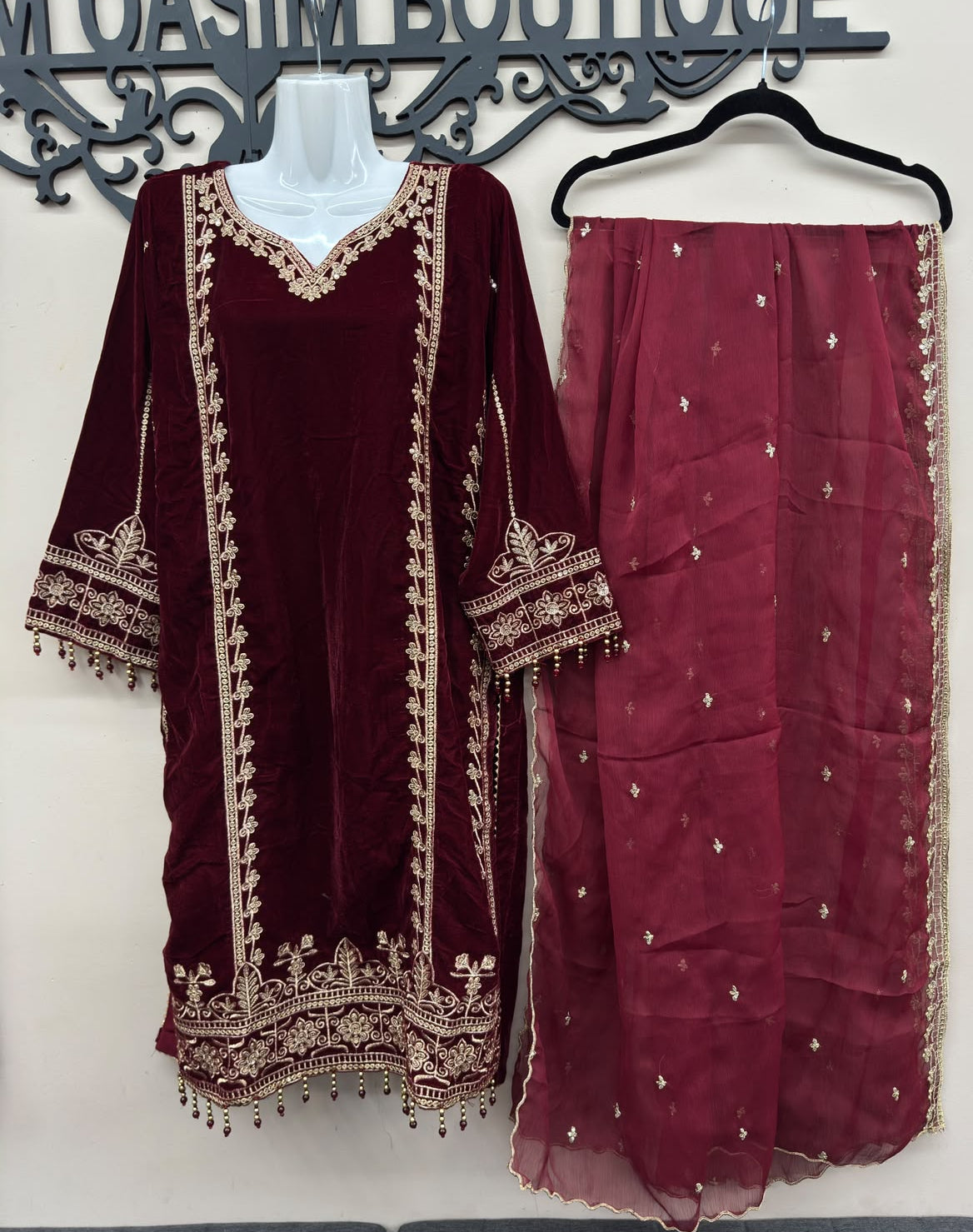 Maroon Velvet Embroidered Shirt Palazzo Suit 3PC