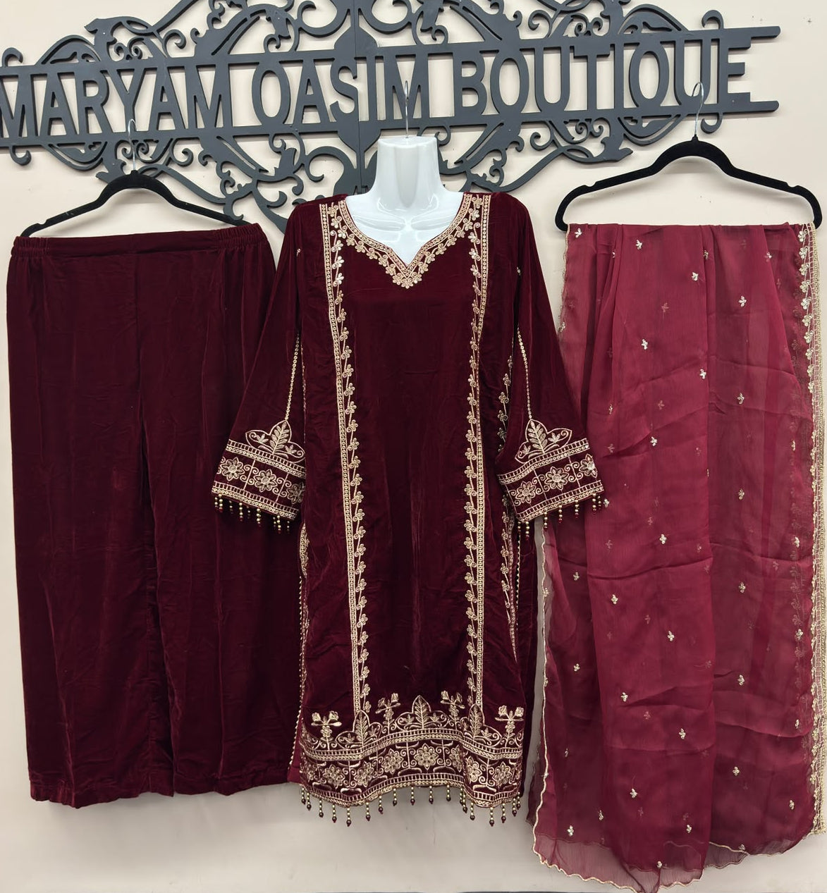 Maroon Velvet Embroidered Shirt Palazzo Suit 3PC
