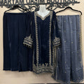 Navy Blue Velvet Embroidered Shirt Palazzo Suit 3PC