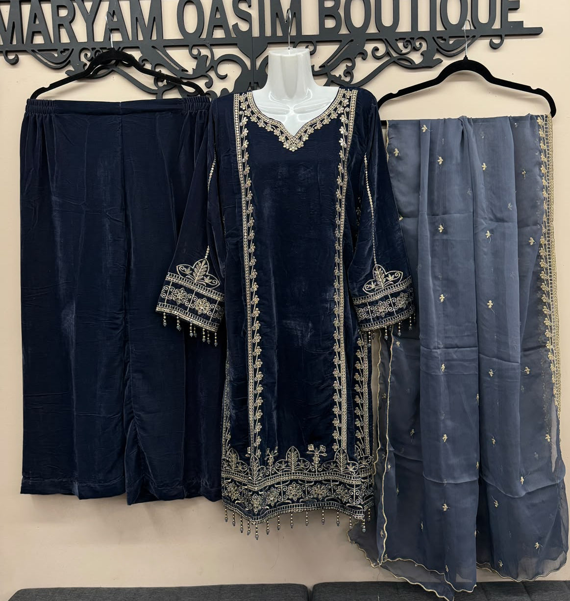 Navy Blue Velvet Embroidered Shirt Palazzo Suit 3PC