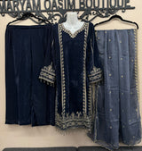 Navy Blue Velvet Embroidered Shirt Palazzo Suit 3PC