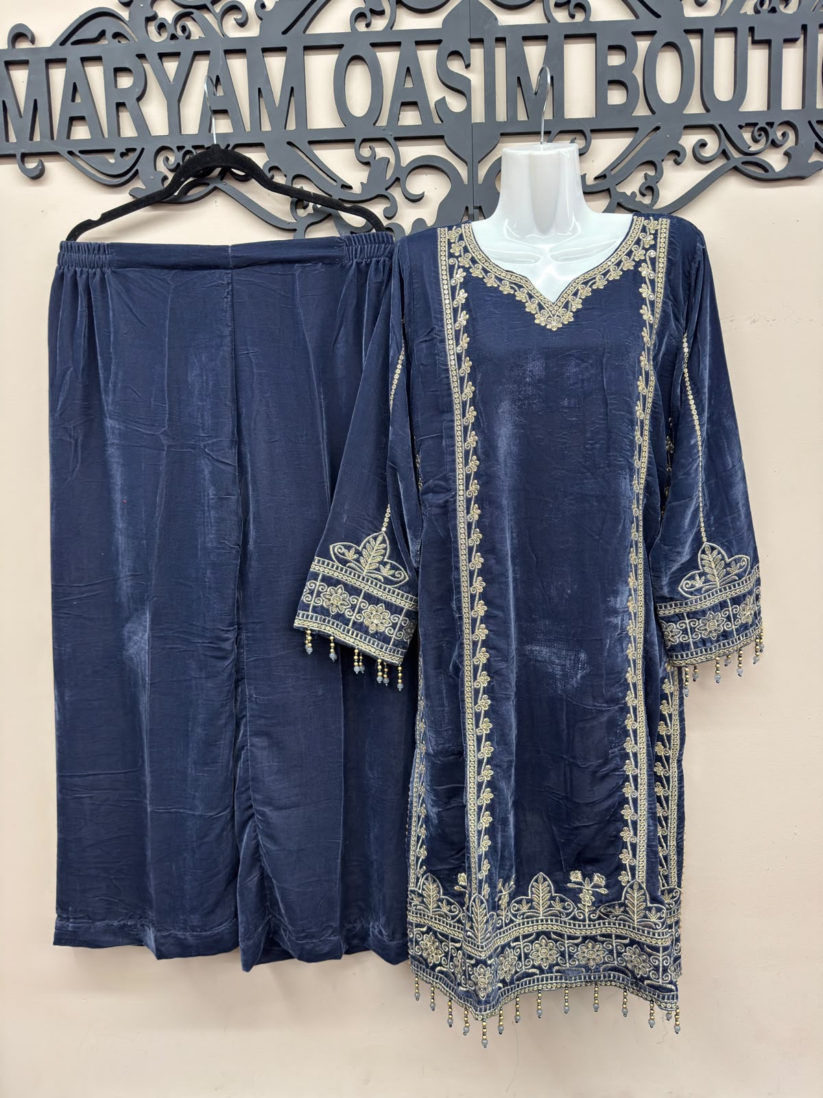 Navy Blue Velvet Embroidered Shirt Palazzo Suit 3PC