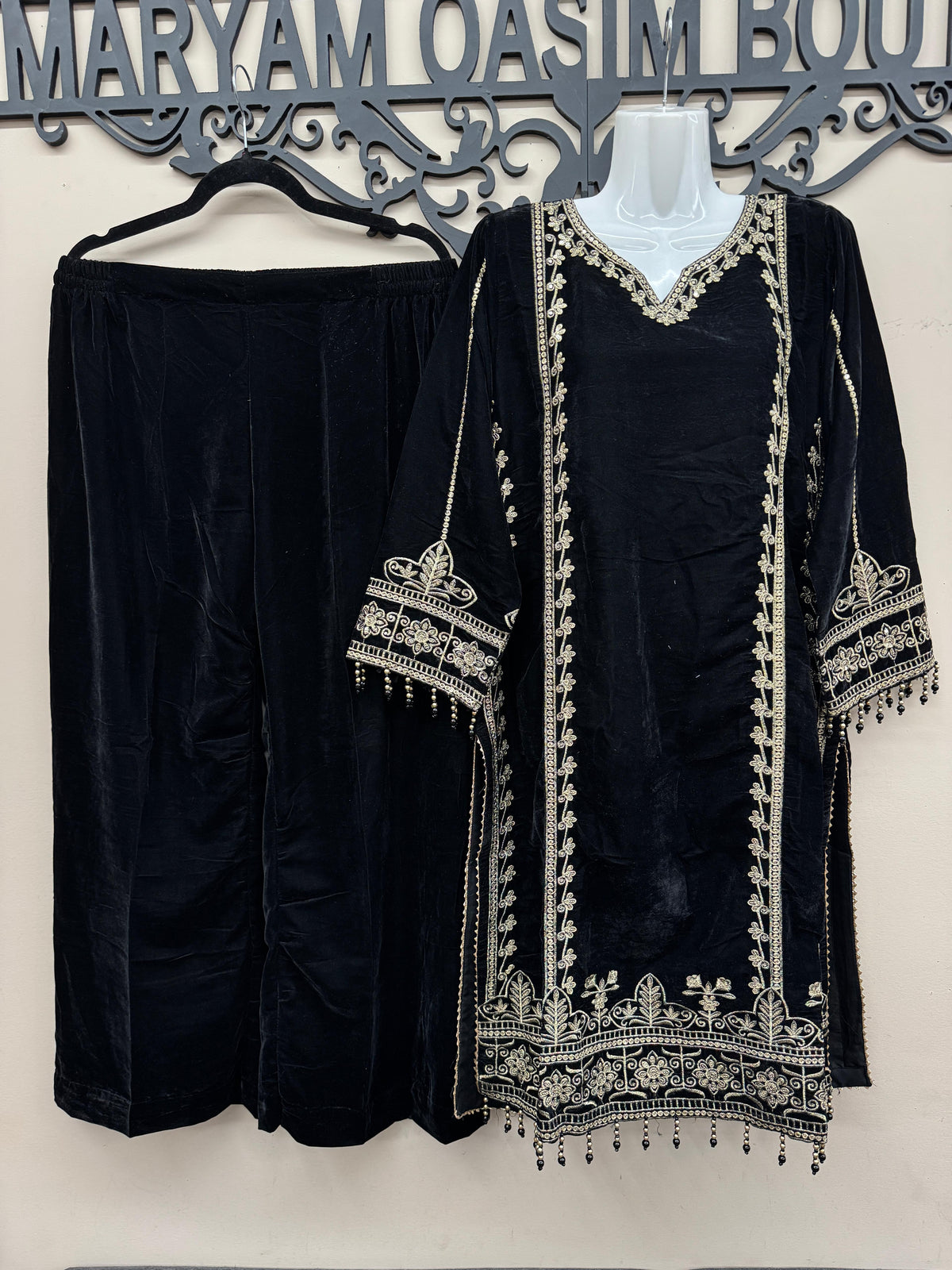Black Velvet Embroidered Shirt Palazzo Suit 3PC