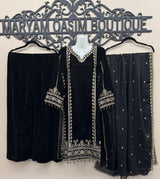 Black Velvet Embroidered Shirt Palazzo Suit 3PC