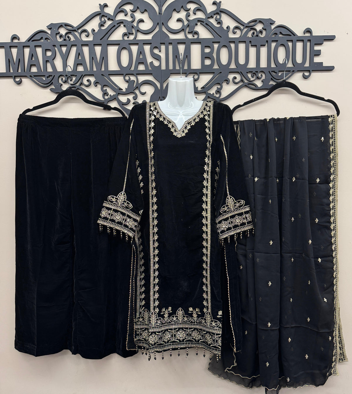 Black Velvet Embroidered Shirt Palazzo Suit 3PC