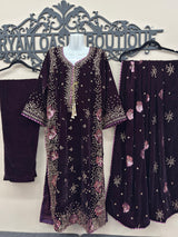 Purple Embroidered Velvet Kaftan 3 Piece Suit