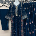 Blue Embroidered Velvet Kaftan 3 Piece Suit