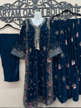 Blue Embroidered Velvet Kaftan 3 Piece Suit