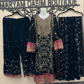 Teal Blue Velvet Embroidered Suit 3 Piece