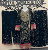 Teal Blue Velvet Embroidered Suit 3 Piece
