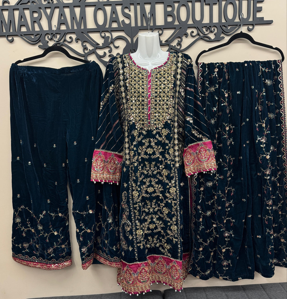 Teal Blue Velvet Embroidered Suit 3 Piece