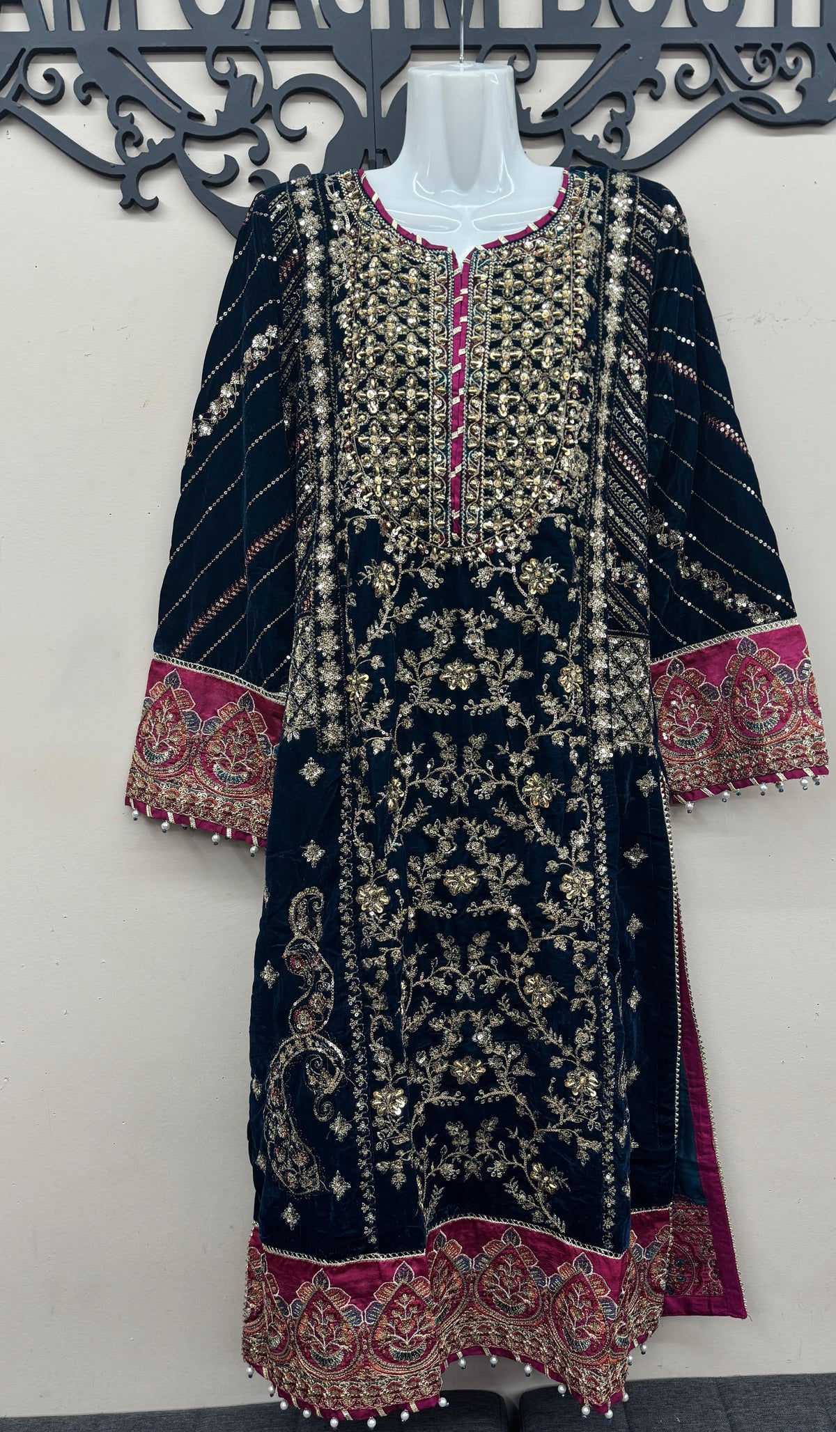 Teal Blue Velvet Embroidered Suit 3 Piece