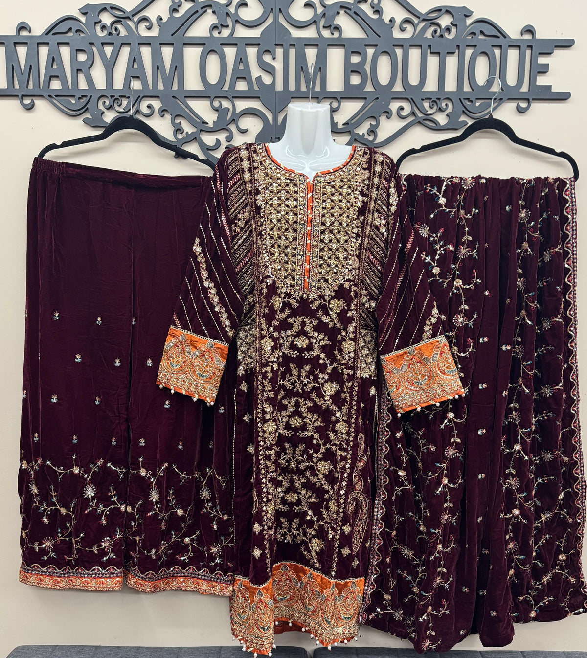 Maroon Velvet Embroidered Suit 3 Piece