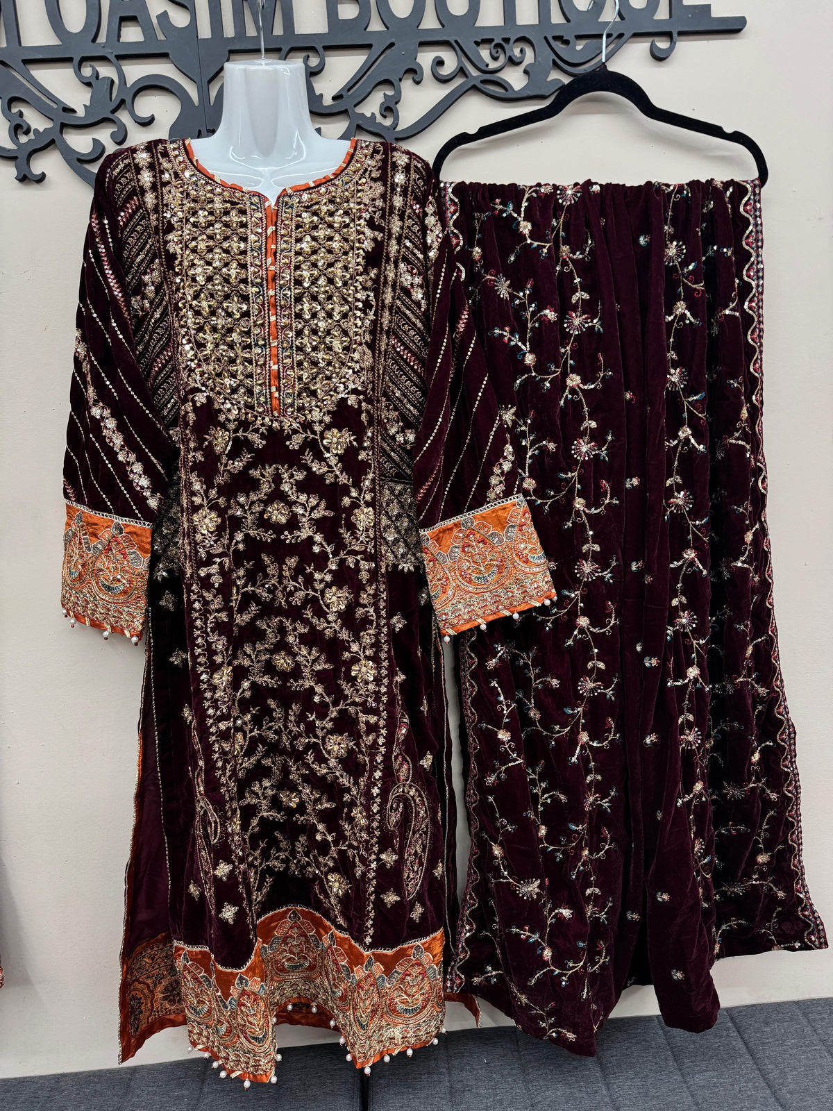 Maroon Velvet Embroidered Suit 3 Piece