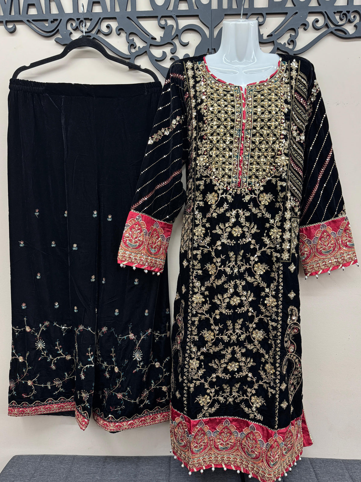 Black Velvet Embroidered Suit 3 Piece