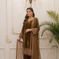 Brown Velvet Embroidered Shirt Palazzo Suit 3PC