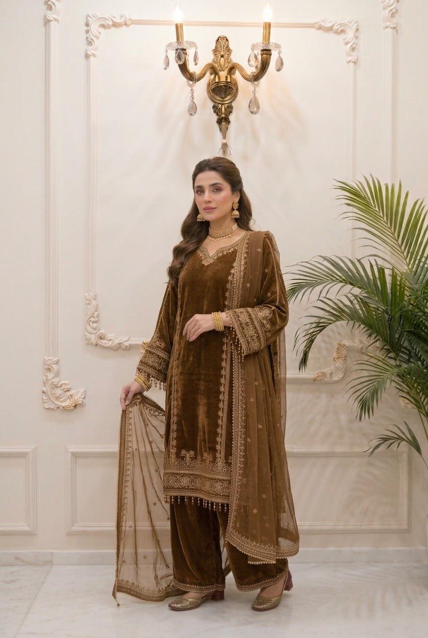 Brown Velvet Embroidered Shirt Palazzo Suit 3PC