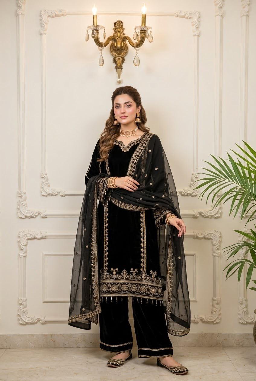 Black Velvet Embroidered Shirt Palazzo Suit 3PC