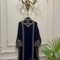 Blue Velvet Embroidered Shirt Palazzo Suit 3PC