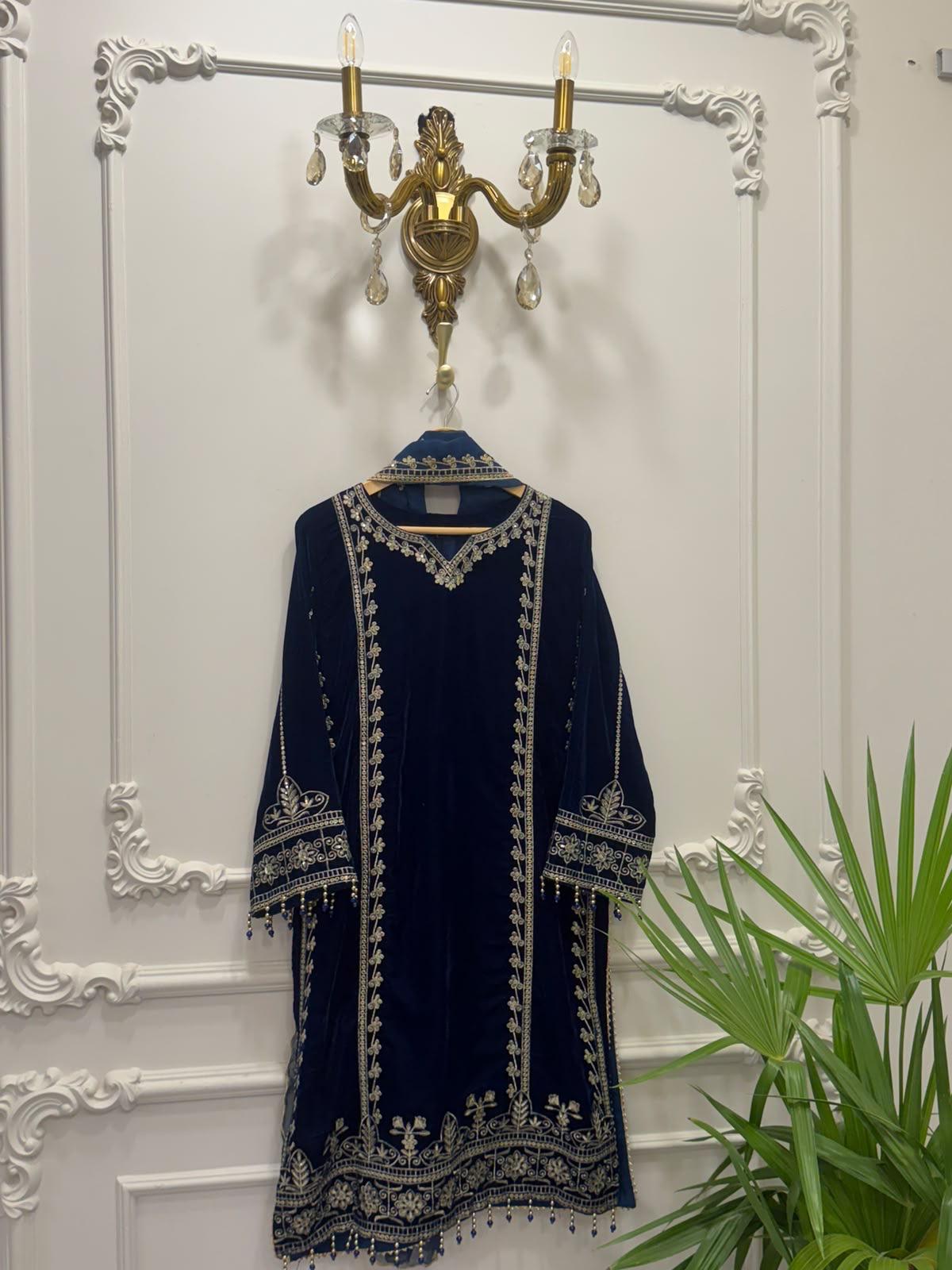 Blue Velvet Embroidered Shirt Palazzo Suit 3PC