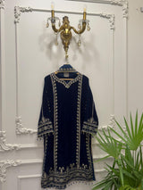 Blue Velvet Embroidered Shirt Palazzo Suit 3PC
