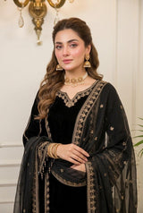 Black Velvet Embroidered Shirt Palazzo Suit 3PC