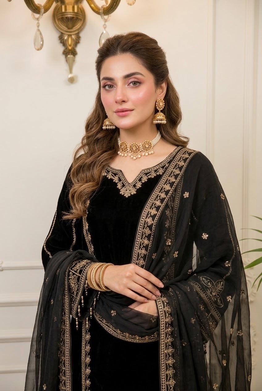 Black Velvet Embroidered Shirt Palazzo Suit 3PC